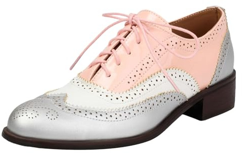 ANUFER Mujeres Color de Contraste Tacón de Bloque Wingtip Brogues Caña Baja Oxfords Zapatos de Salón Rosa SN0706226-2 EU35.5