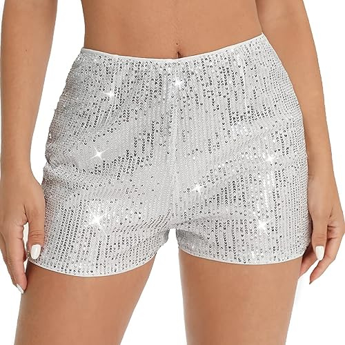 Womens Sequins High Elastic Waist Straight Leg Shorts Sparkly Glitter Hot Pants Rave Concert Party Night-Out Shorts (White, L)