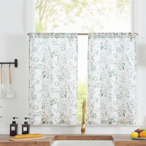 TOPICK Tende da Cucina Brise Bise Corte per Armadio Camera Piante Verde 65L X 60H cm, Brise Bise con Motivo Floreale Effetto Lino Vintage Semi Trasparenti Passa Asta per Porte Finestra Set di 2