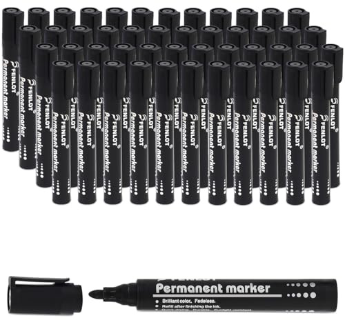 Waytex Lot de 48 Marqueurs Permanents Noir Pointe Conique Encre indélébile Feutre Pointe Ogive 1,5 à 2 mm