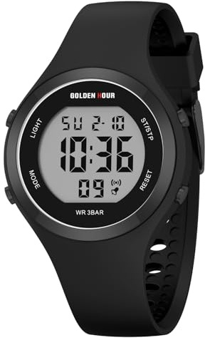 GOLDEN HOUR Reloj Digital Mujer, Resistente al Agua hasta 5 ATM, Deportivo, cronógrafo, Correa de Silicona, Reloj de Pulsera para Mujer con Fecha, Esfera Luminosa de fácil Lectura - Todo Negro