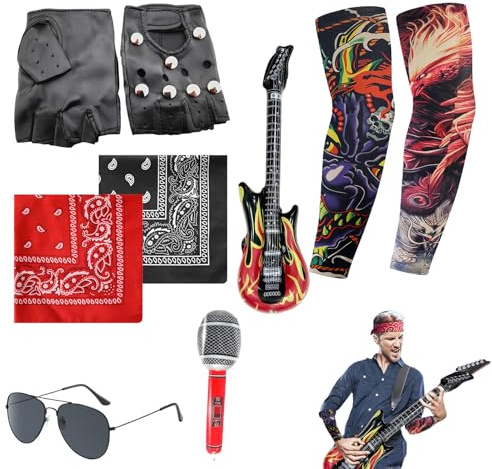 Set Rock Accessori Costume Hip Hop, 2 Tatuaggi Temporanei, Guanti Punk, 2 Bandane, Occhiali da Sole, Chitarra e Microfono Gonfiabili per Feste a Tema Rock, Costume retrò, Adatto a Uomo
