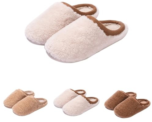 Generisch Pantuflas de algodón cálido para hombres y mujeres, zapatillas de estar por casa de piel de cordero con antisuela, planas suaves y antideslizantes, cerradas para interior y exterior, beige