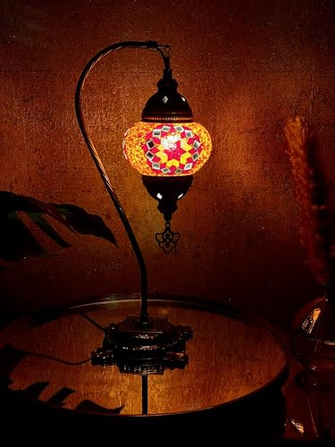 Lightza Handmade Turkish Moroccan Mosaic Desk Lamp LED Bulb | Orange Red Swan Neck Unique Globe Lampshade Table Light | UK Tested Safe Energy Efficient