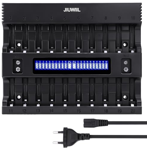Cargador de Pilas AA AAA, JIUWIIL con 20+2 Ranuras Cargador de Pilas Inteligente para Pilas AA/AAA Pilas Recargables y Pilas de 9 V, 2 Ranuras de Carga Independientes para Pilas