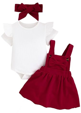 UUAISSO Conjuntos Falda Para Niña Recién Nacida Blusa de Manga Corta y Falda con Tirantes y Lazo Ropa de Verano Para Niña Bebé Rojo vino 0-3 meses