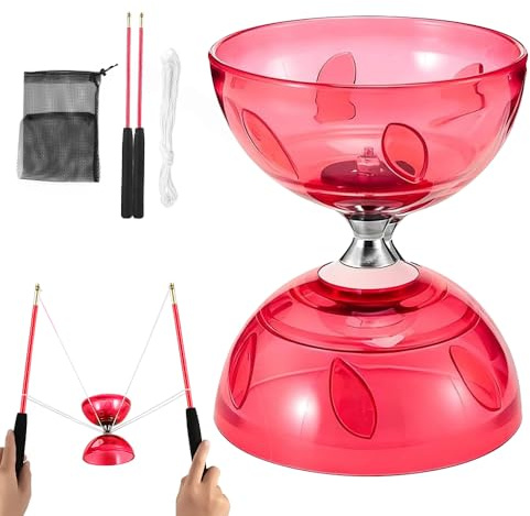 Nzkeuf Triple Bearing Diabolo Set, Diablo Toy, Juggling Set with Wooden Sticks, Circus Toys for kids, Focus Development Coordination Activity Training, 4 Colors Option (Red)