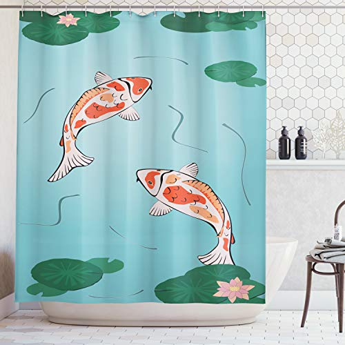 Ambesonne Koi Fish Shower Curtain, 2 Japanese Koi Swimming in The Pond with Waterlilies Art Illustration, Cloth Fabric Bathroom Decor Set with Hooks, 69 W x 70 L, Multicolor