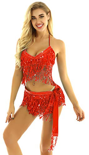 Freebily Latin Dansklänning Dam Set Magdans Paljetter Topp BH med fransar Mini Kjol Tutu Pettiskirt Bandage Tofs Samba Rumba Ballerina