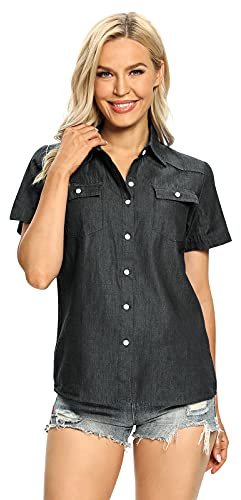 Women's Button Down Denim Chambray Shirt Lightweight Short Sleeve Casual Tops Collared Summer Blouse Black L