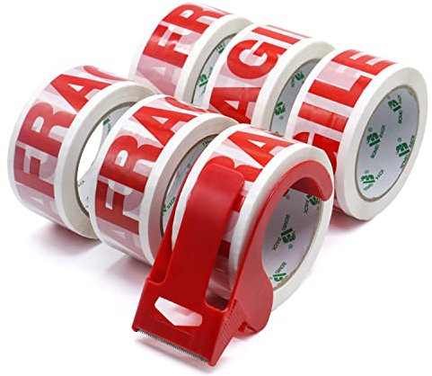 BOMEI PACK Cinta de Embalaje Frágil con Dispensador, 48mm x 66m, Paquete de 6 rollos - Cinta de Embalaje Fuerte Para Uso Regular o Para Mudanza - Sella Fácilmente tus paquetes y cajas