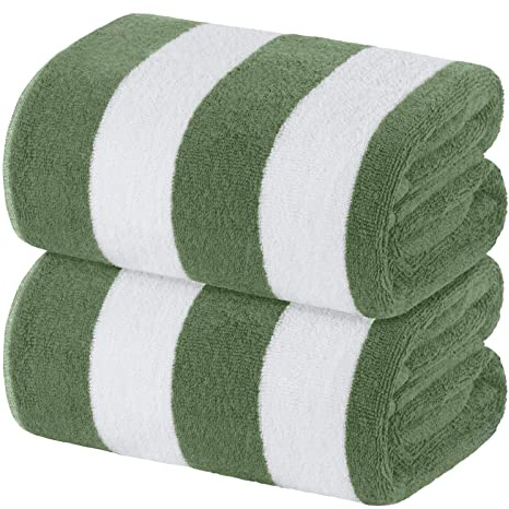 White Classic Beach Towels Oversized Cabana Stripe Cotton Bath Towel Large - Luxury Plush Thick Hotel Swim Pool Towels for Adults Super Absorbent Quick Dry - 35x70 Khaki Green [2 Pack]