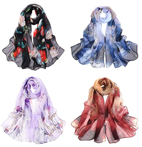 Aewob 4 Packs of Chiffon Floral Scarfs for Women Lightweight Fashion Summer Shawls Wraps Large Neck Scarves (Color-1)