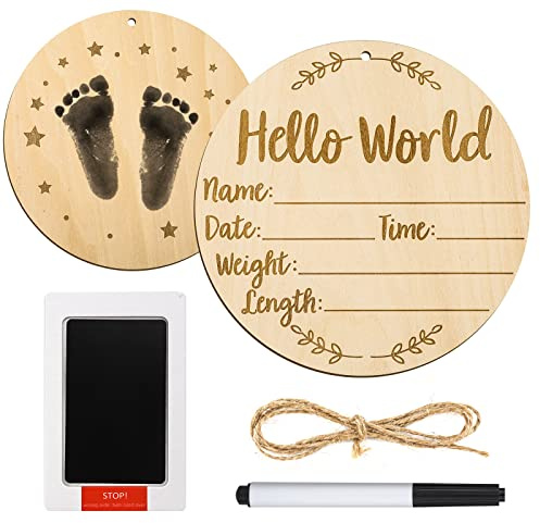 Tarjetas de Hitos Bebe, 15 cm Redondo Tarjetas de Meses para Bebe con Almohadilla de Tinta para Manos y Huellas de Bebé Madera Cartel de Hello World Newborn para Accesorio Fotográfico