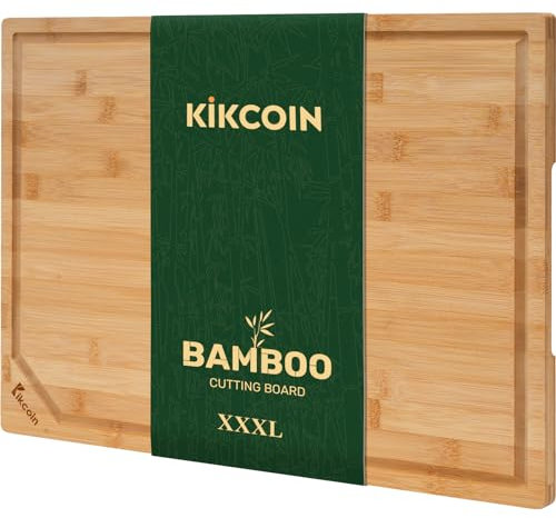 Kikcoin 24”×18” Bamboo Cutting Boards for Kitchen, Wooden Healthy Cutting Boards for Charcuterie, Vegetables, Cheese, Bread, Extra Large Chopping Boards with Deep Juice Groove and Handle, Natural