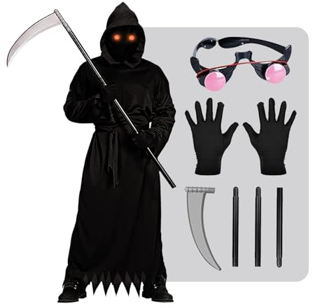 Déguisement Faucheuse pour Enfant | Comprend 1 Capuche Intégrale, 1 Robe, 1 Faux, Lunettes Lumineuses, Gants | Costume Halloween Agréable à Porter | Cosplay Film d'Horreur | OriginalCup®