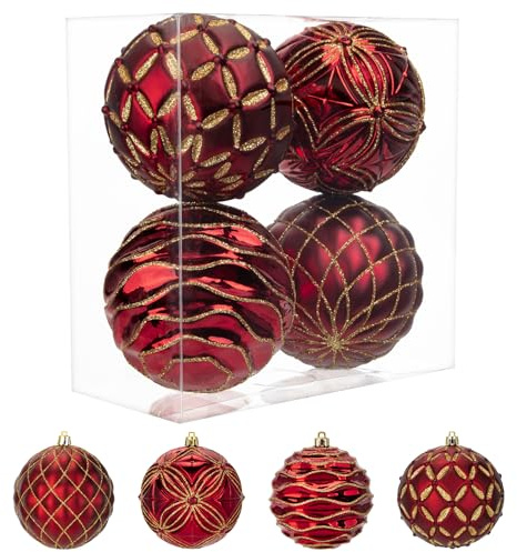 Ø10cm 4er-Set Weihnachtskugeln Christbaumschmuck Große Weihnachtskugeln Kunststoff Weihnachtsdeko Weihnachtsbaum Dekoration Set für Weihnachtsbaum Christbaumkugeln, Rot