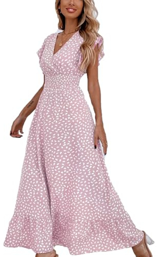 BSLVWG Womens Maxi Dress Ruffle Petal Short Sleeve V Neck Floral Flowy Summer Beach Holiday Sundress Casual Elastic High Waist Long Dress (UK, Alpha, XL, Regular, Regular, Pink)