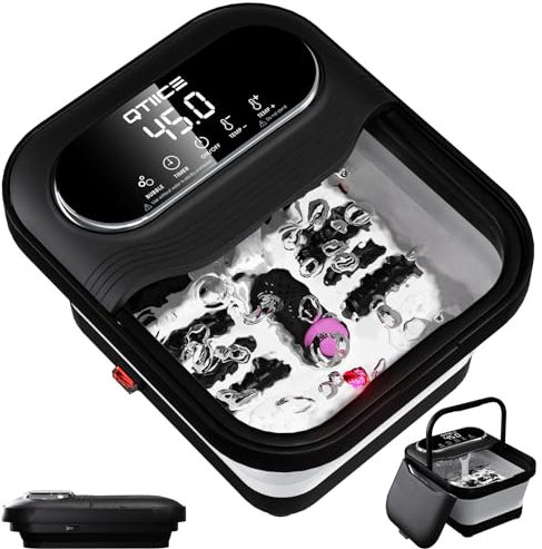 Qtiice Bain de Pieds Pliable avec écran Tactile et Masseur Chauffant, Bain de Pieds Chauffant et Bulles, Contrôle de Température, Rouleaux de Massage, Vibration, Pierre de Pédicure et Poignées