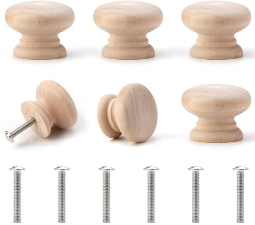 6 Pcs Wooden Cabinet Knobs with Screws, Mushroom Drawer Knobs Natural Unfinished Wood Cupboard Knob Handles Round for Furniture Wardrobe Office Dresser Drawer Pull (35mm*25mm)