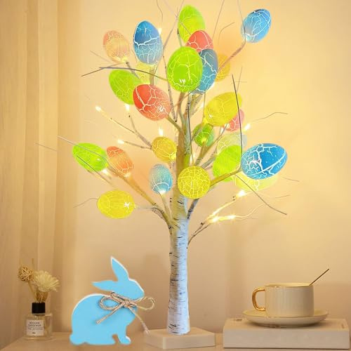 Booaee Decorazione Pasquale, 60 cm, Albero Luminoso con 12 Uova, Luce Bianca Calda, Decorazione da Tavolo, Albero di Pasqua, Decorazione Pasquale per Interni, Pasqua