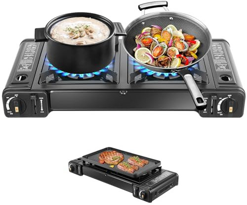 Réchaud à gaz portable 2 feux avec plateau de barbecue et mallette de rangement pour camping, voyage, randonnée, pique-nique, barbecue sur la terrasse et bien plus encore