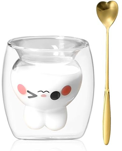 Xiuyer Tazza di Bicchieri Bicchierini Liquore Bicchieri da Rum Bicchieri Amaro Tazzine Caffe Vetro Doppia Parete Tazzine Borosilicato Bicchiere da Vodka 280ml Con Cucchiai (Coniglietto)