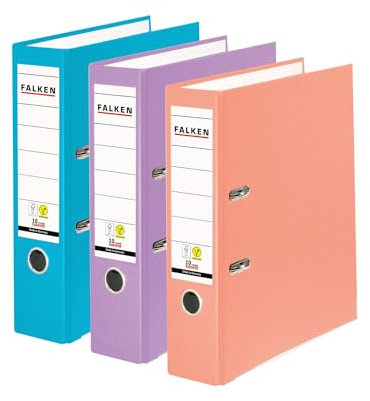 Falken 3er Pack PP-Color Ordner, Made in Germany, 8 cm breit DIN A4 farbig sortiert Pastell Vegan Kunststoffbezug außen, Papierbezug innen, mit austauschbarem Rückenschild