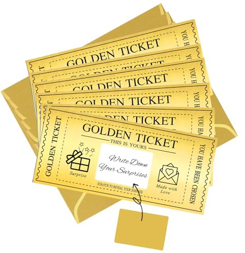 GEVOPREFRRED 6 Sets Golden Ticket with Envelopes, Scratch off Card Surprise Gift Reveal, Card as Perfect for Birthday Card Wedding Card Concert Ticket Cinema Voucher Raffle Gift