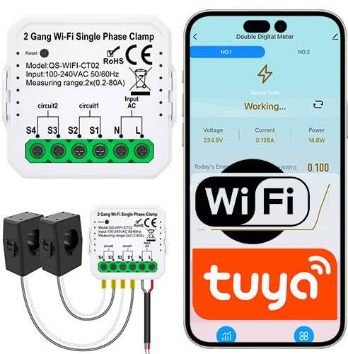 Sone Smart One – Smartmeter WiFi Stromzähler 240V/2x80A – Energiezähler mit App – Kompakt 39,2mm – Smart Life/Tuya – IP20 – Hutschiene & Wandmontage