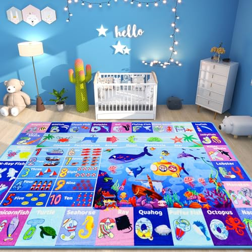 DINSUMRUG ABC Kids Rug for Playroom 150×100 CM Ocean Rug Baby Play Mat Alphabet Mat Sea Animal Number Shape Classroom Kids Playroom Carpet Early Learning Carpet for Preschool Toddlers