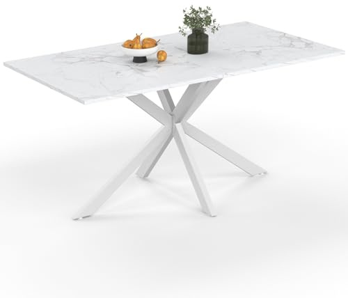 IDMarket - Tavolo da pranzo rettangolare ALIX 8 persone bianco gamba a ragno piano effetto marmo bianco ALASKA 160 cm