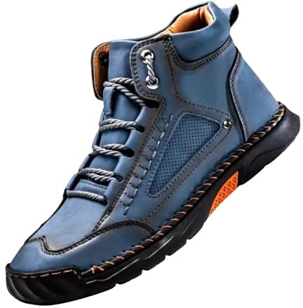 Stivaletti da uomo High Top in pelle, fatti a mano, alla moda, elastici, a piedi nudi, di grandi dimensioni, comodi stivali corti con supporto per l'arco del piede, scarpe da lavoro, Blu scuro, 42 EU