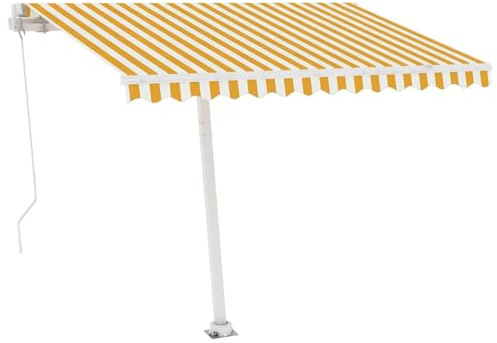HOMELEN Standmarkise Manuell Einziehbar 300x250 cm Gelb/Weiß, Markise Balkon Ohne Bohren, mit Handkurbel Alu-Markise UV-Beständig Höhenverstellbar & Wasserabweisend | Sonnenschutz Für Laden
