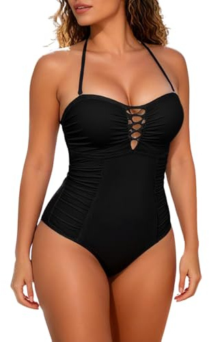 JFAN Bañador Mujer Reductores Sexy Ruched Vintage Push up Ropa de Baño Barriga Vientre Plano Traje de Baño de Una Pieza,Negro XL
