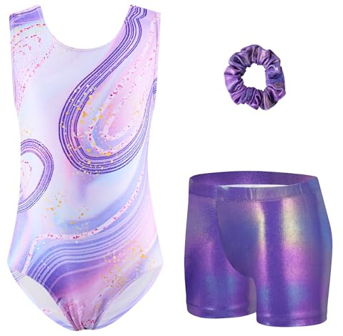 Arshiner Girls Gymnastics Leotard Kids Sleeveless 3Pcs Gymnastik Outfit | Printed Gymnastik Suit,Leotards Shorts Hairband,Sparkly Bodysuit,Training Dancewear Set,3-12 Years
