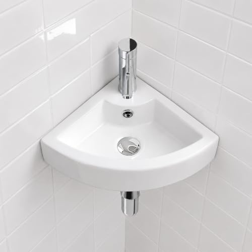 BELOFAY Wall-Mounted Bathroom Sink – 13.5x43.5x32cm White Ceramic Corner Sink with Scratch-Resistant Gloss Surface – Small Basin with Waste and Chrome Bottle Trap