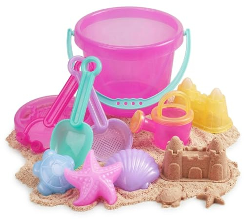 LotFancy 10PCS Sand Toys for Toddlers 1-3 3-5, Pink Beach Toys Set for Girls 18M+, Translucent Sand Castle Molds, Bucket, Sifter, Shovels & Watering Can, Durable Sandbox Toys for Kids