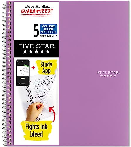 Five Star Spiralnotizbuch + Lern-App, 5 Fächer, liniertes College-Papier, bekämpft Tintenblutung, wasserabweisender Einband, 21,6 x 27,9 cm, 200 Blatt, Violett (38748)