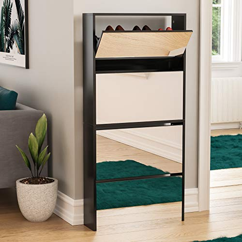 Vida Designs Welham Mirrored Shoe Cabinet, Wooden Shoe Storage Unit with 4 Flip Drawers, Multifunctional Dust-Proof Space-Saving Slim Cupboard for Hallway or Entryway (Black)