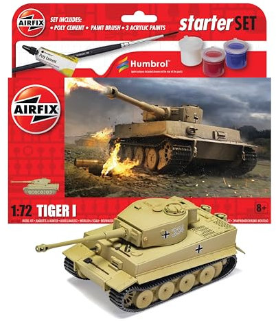 Airfix Starter Set - A55004 Tiger 1 Model Building Kit - Plastic Model Tank Kits for Adults & Children 8+, Set Includes Decals, Humbrol Acrylic Paints, Brushes & Poly Cement - 1:72 Scale Model