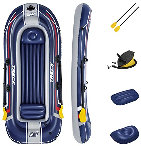 Bestway Hydro-Force Treck X3 Inflatable 3 Person Water Raft Outdoor Floating Boat Set with Pair of Oars, Foot Pump, and Repair Patch