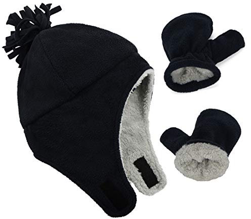 Durio Baby Mütze und Handschuhe Set Junge Wintermütze und Fäustlinge Warmes Gefütterte Fleece Mütze Kappen Ohrenklappe Kleinkind Kinder Mädchen Schwarz 1-2 Jahre