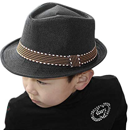 QCHOMEE Kids Summer Panama Hat Fedora Trilby Straw Sun Hat Beach Hat Cowboy for Children Boys Rollable Packable Straw-Fedora Hat Sun Protection Hat Gangster Cap 50-53CM