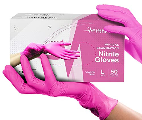 Pink Nitrile Disposable Gloves, FifthPulse 3 Mil Medical Exam Gloves, Powder and Latex Free, Textured Grip for Cleaning, Hair Dye, Cooking and Esthetician Use, 50 Count, Extra Small, Fuchsia