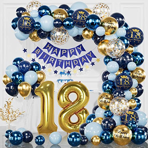18 Geburtstag Deko Marineblau Gold, Deko 18 Geburtstag Mädchen Junge, 18 Jahr Geburtstagdeko, Happy Birthday Banner, Konfetti Luftballons, Luftballons Geburtstags für Dekos Geburtstags