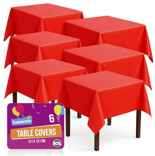 SOL 6pk Red Table Cover 121x121cm Party Table Cloth Plastic Disposable Tablecloths for Parties - Elegant Durable Design - Perfect for Weddings, Birthdays, Buffets, Indoor & Outdoor Events