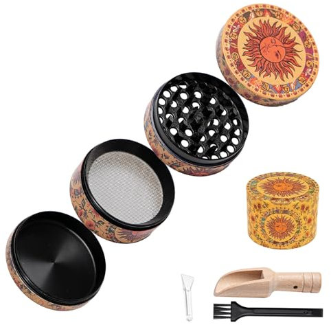 Bofanze 4 in 1 Grinder Metallo Piccolo Mini Grinder per Spezie Macinino Metallo Vintage Macina Spezie Manuale con Raschietto per Cucchiaio e Spazzola per Tritare le Spezie 50mm