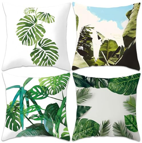 Betadistor Tropical Leaves Cushion Covers 45 x 45 cm Green Leaf Decorative Throw Pillow Covers Pillowcases for Sofa Patio Home Decor Set of 4, Tropical Leaves, 504-0072
