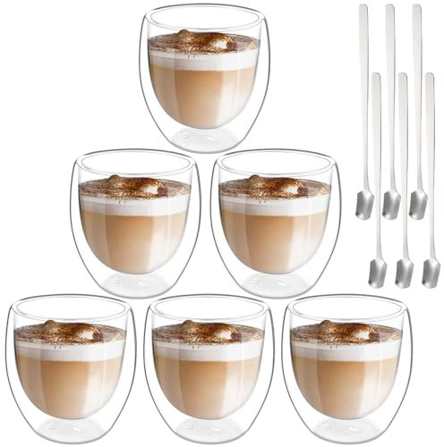 Latte Macchiato Juego de tazas de café de doble pared, 6 x 250 ml, vasos de doble pared con 6 cucharas, capuchino, tazas de café, tazas de café, tazas de café helado, vasos térmicos de café